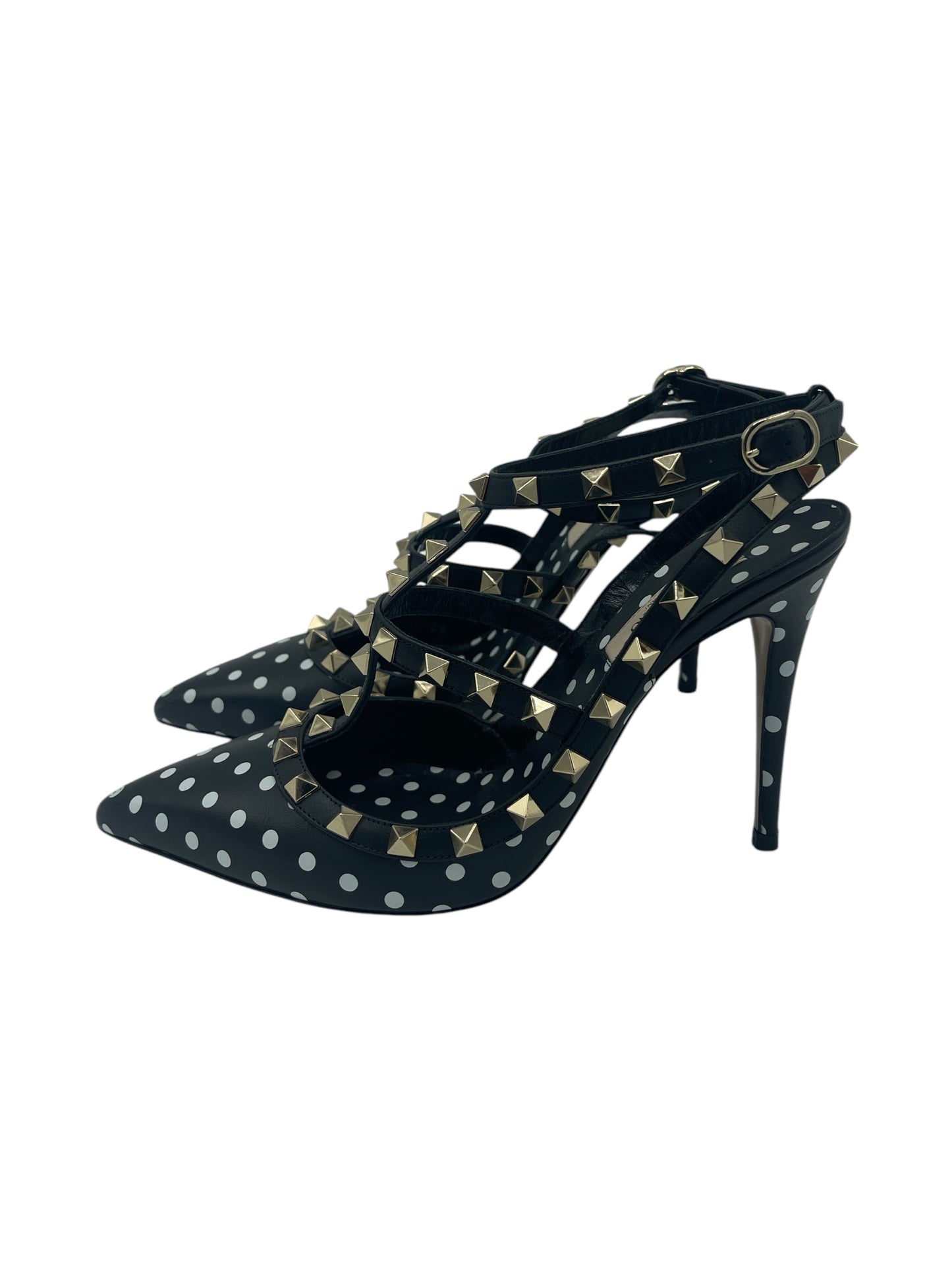 Valentino Black & White Polka Dot T Strap Rockstud Heels