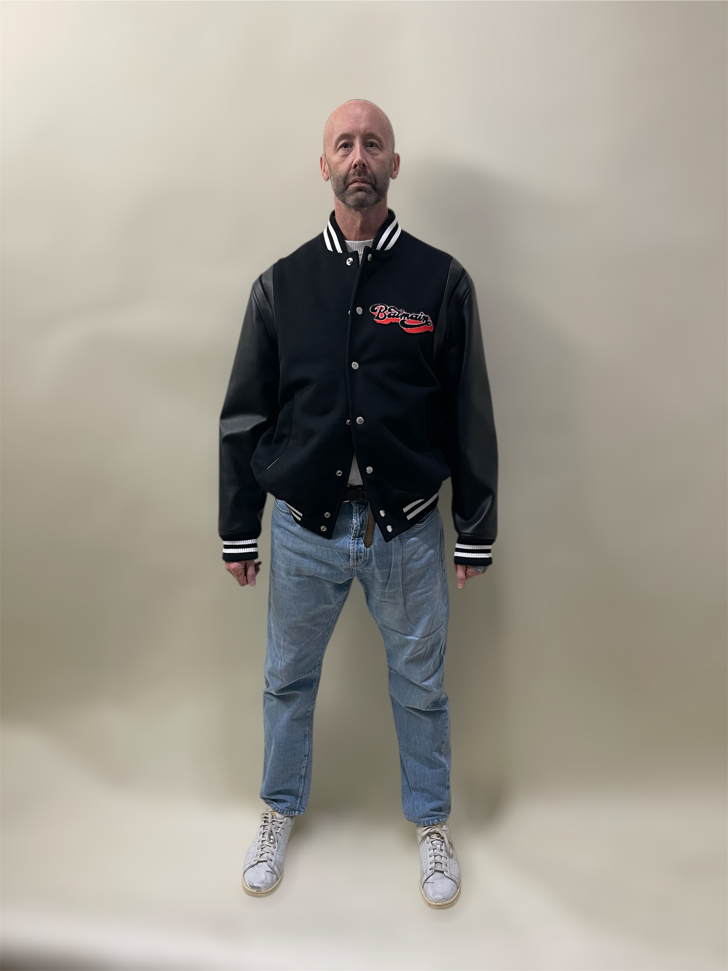Balmain Black Wool & Faux Leather Varsity Jacket 44