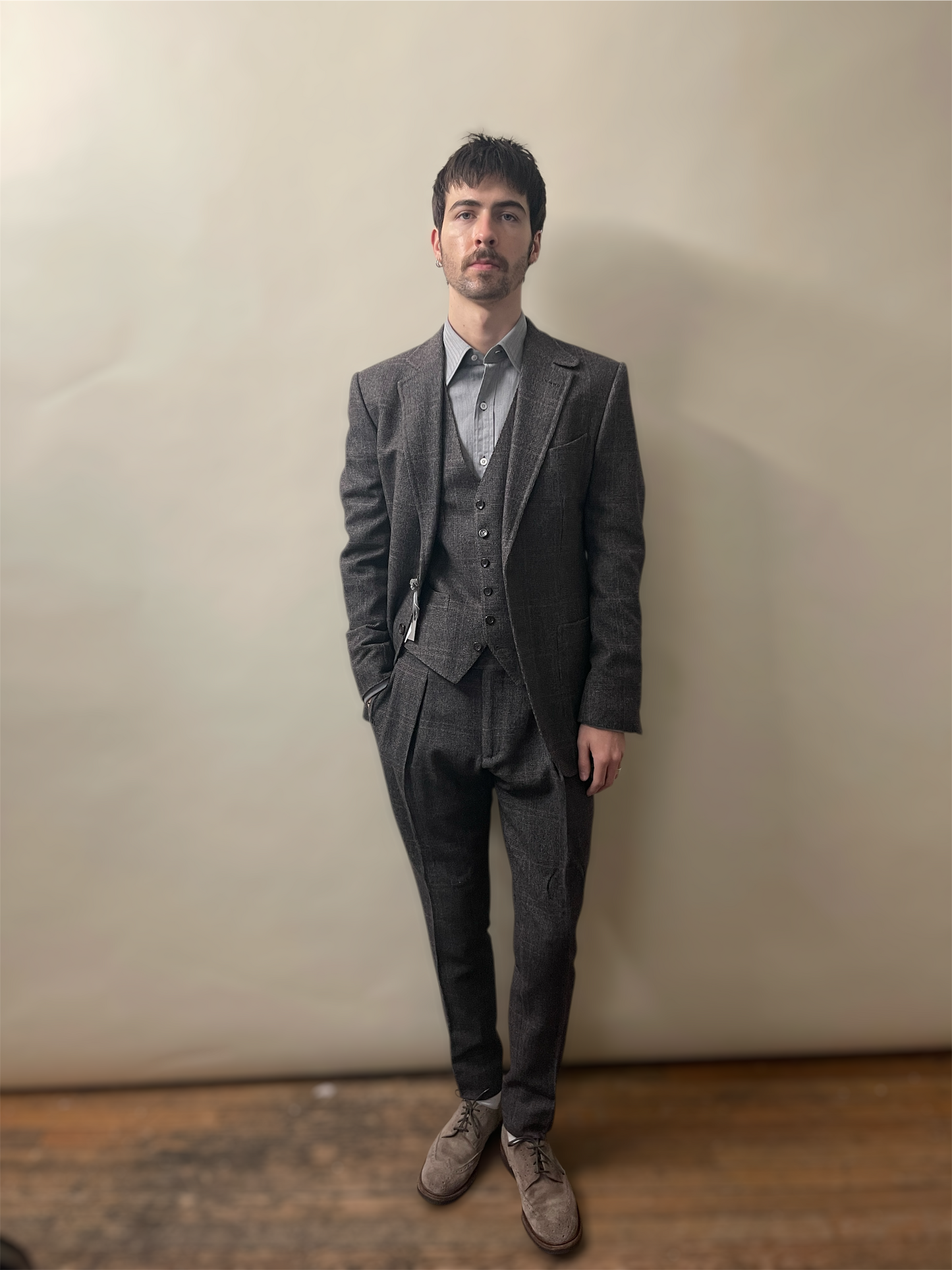Tom Ford Earthy Brown & Purple Wool Silk Tweed Windowpane 3-Piece Suit 38R