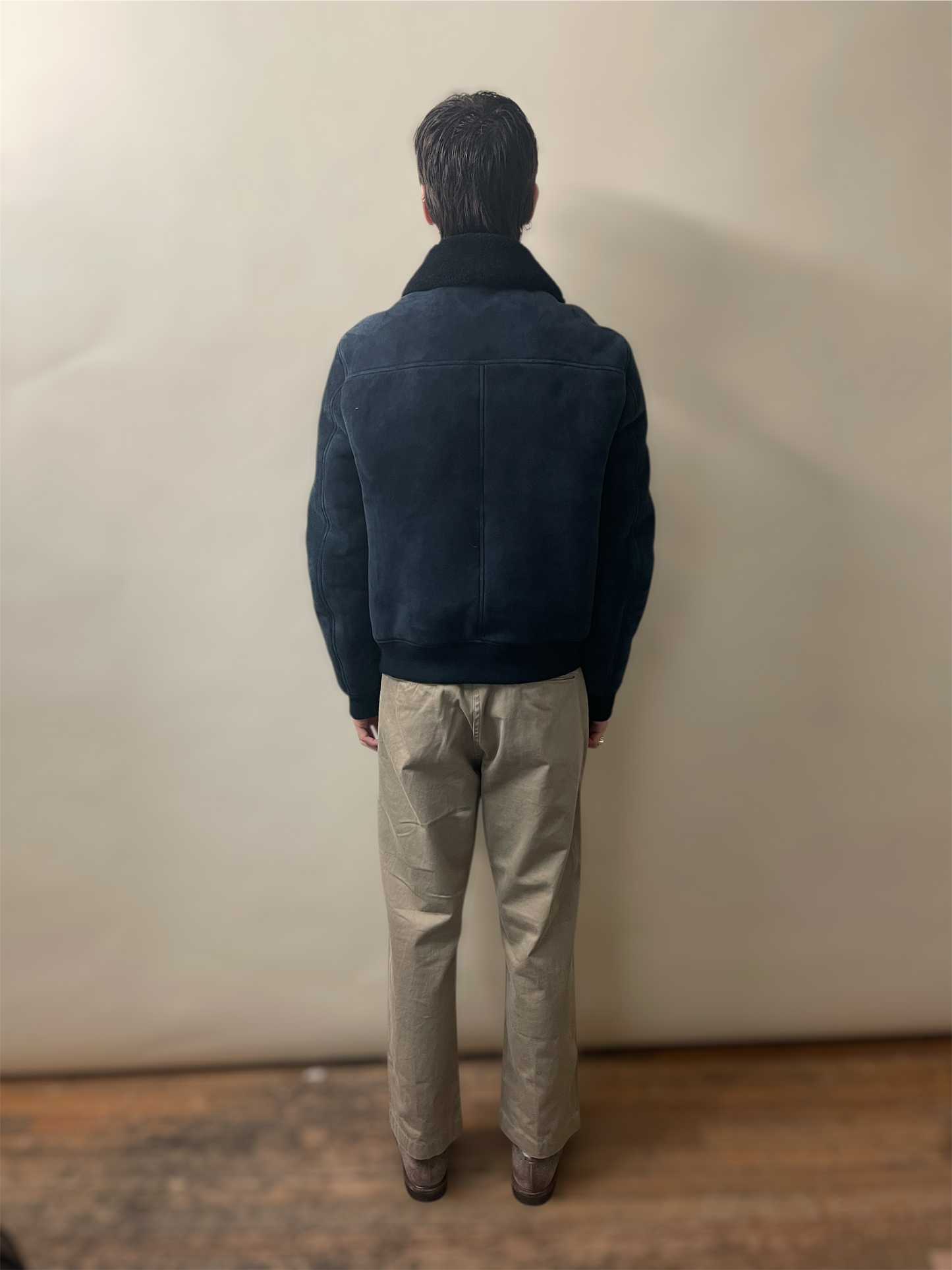 Mr P. Navy Blue Lamb Shearling Bomber Jacket Medium - M