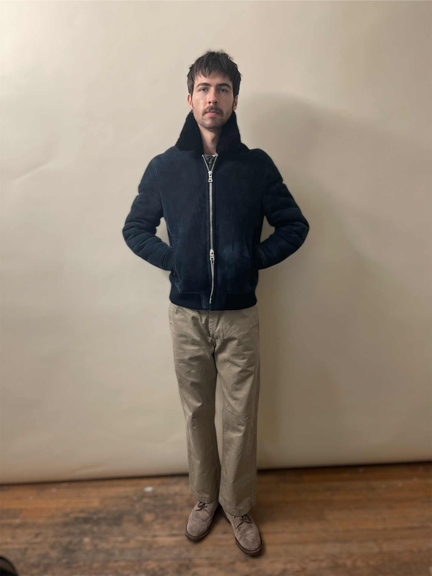 Mr P. Navy Blue Lamb Shearling Bomber Jacket Medium - M