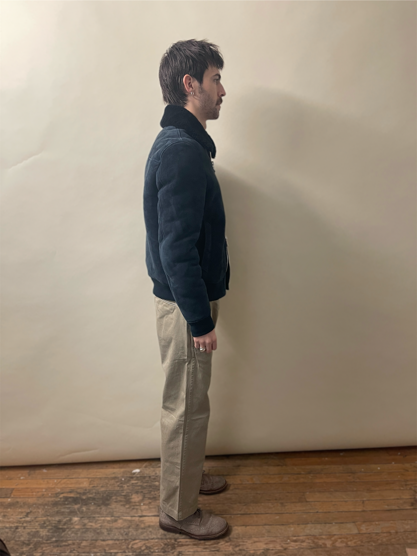 Mr P. Navy Blue Lamb Shearling Bomber Jacket Medium - M