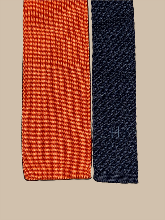 Hermes Navy & Orange Layered Knit Silk Tie