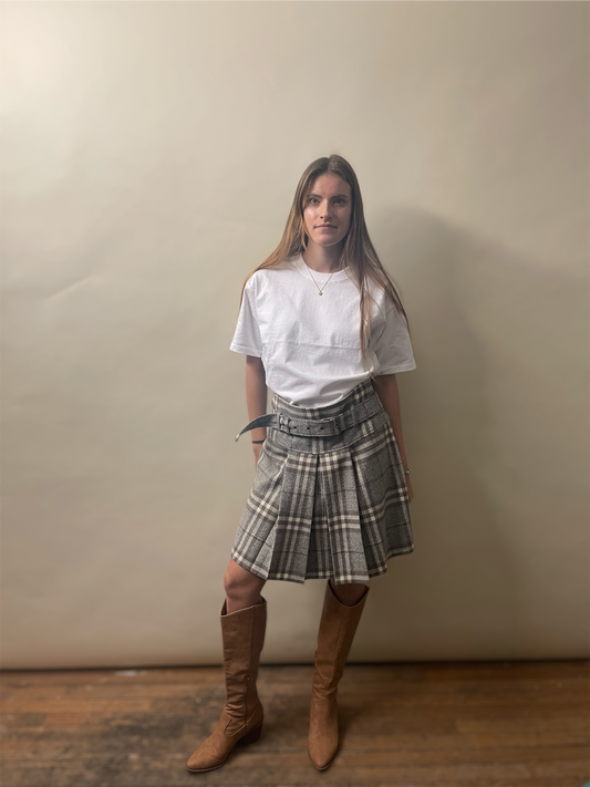 Burberry Light Grey & Taupe Wool Belted Pleated Skirt 44