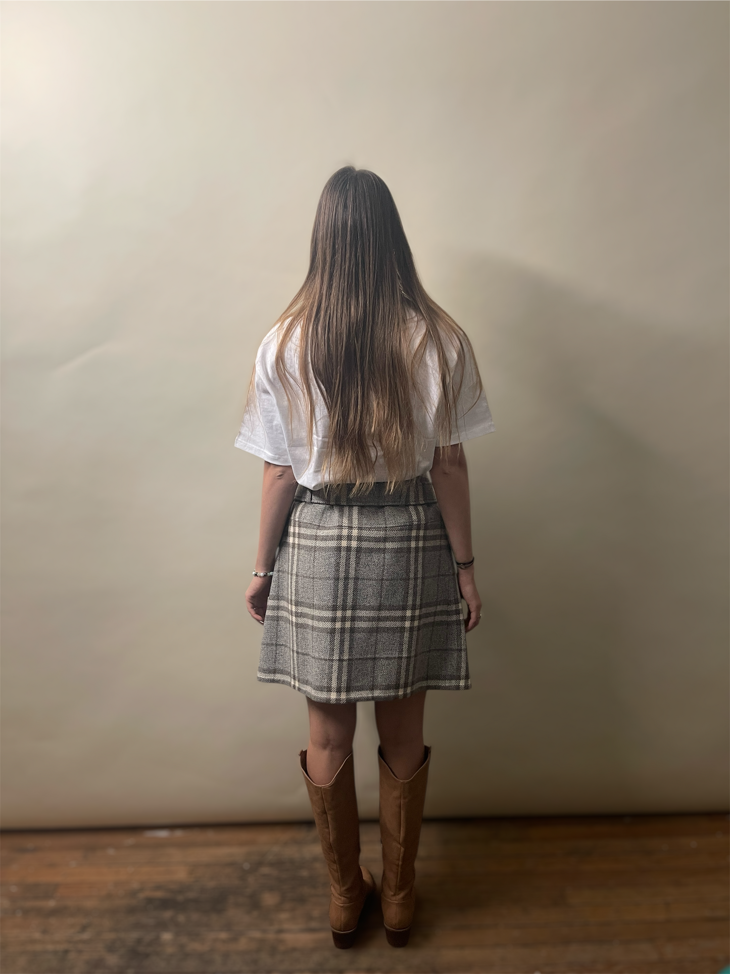 Burberry Light Grey & Taupe Wool Belted Pleated Skirt 44