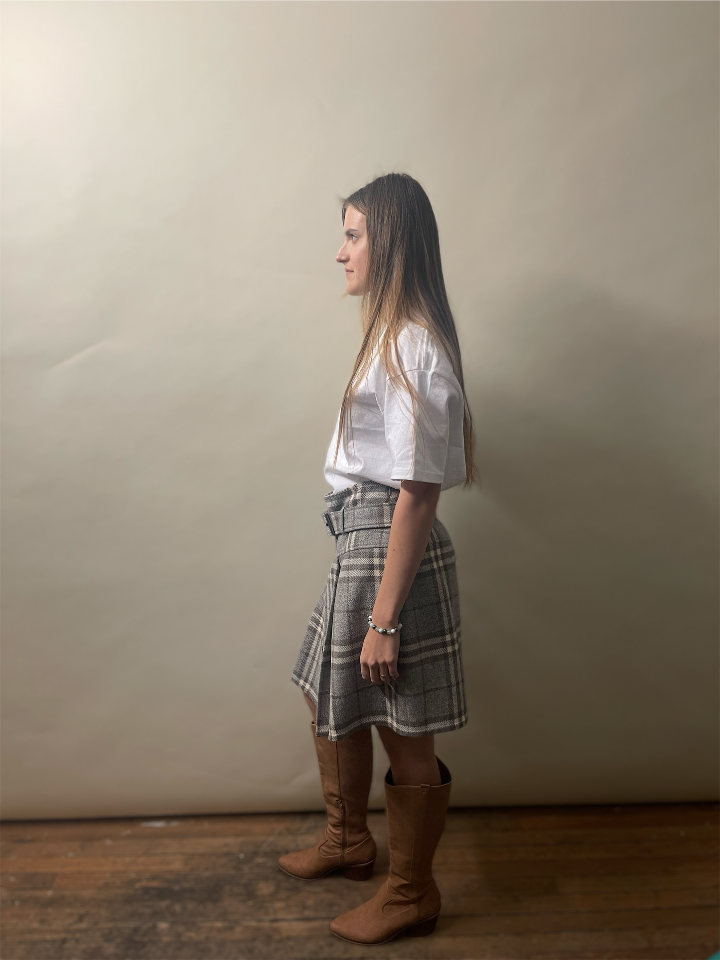 Burberry Light Grey & Taupe Wool Belted Pleated Skirt 44