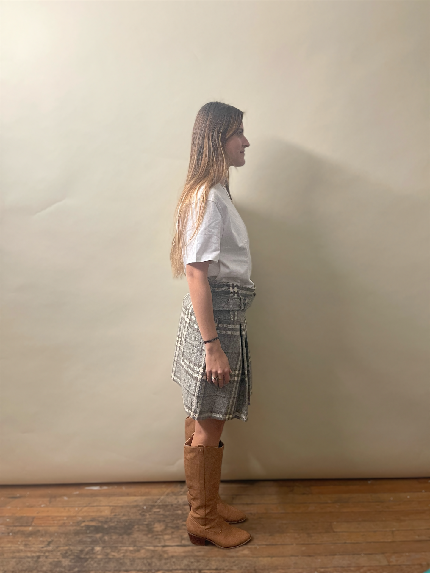 Burberry Light Grey & Taupe Wool Belted Pleated Skirt 44