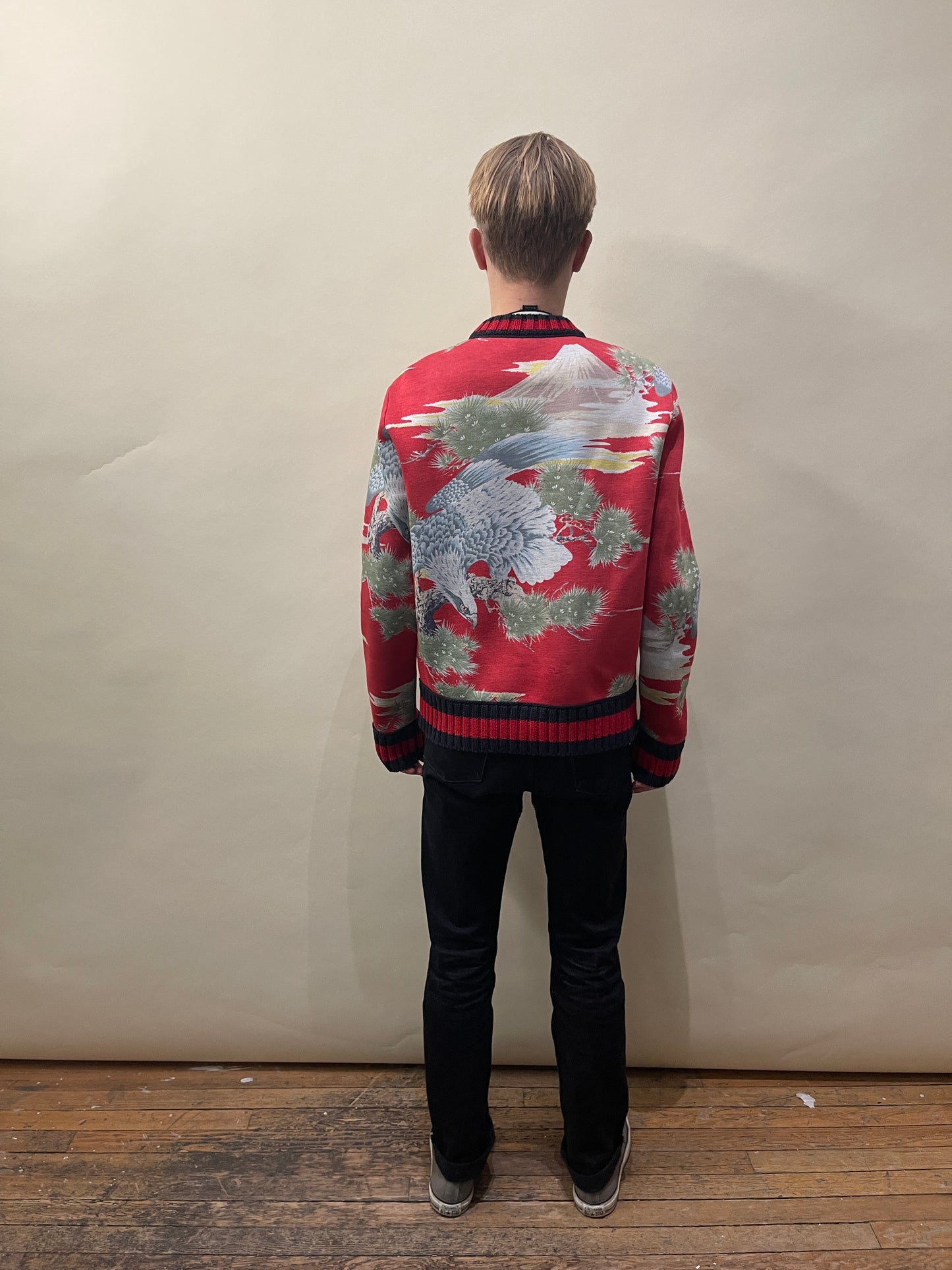 Gucci Red, Green, Khaki Printed Modal Crewneck Sweater Medium - M