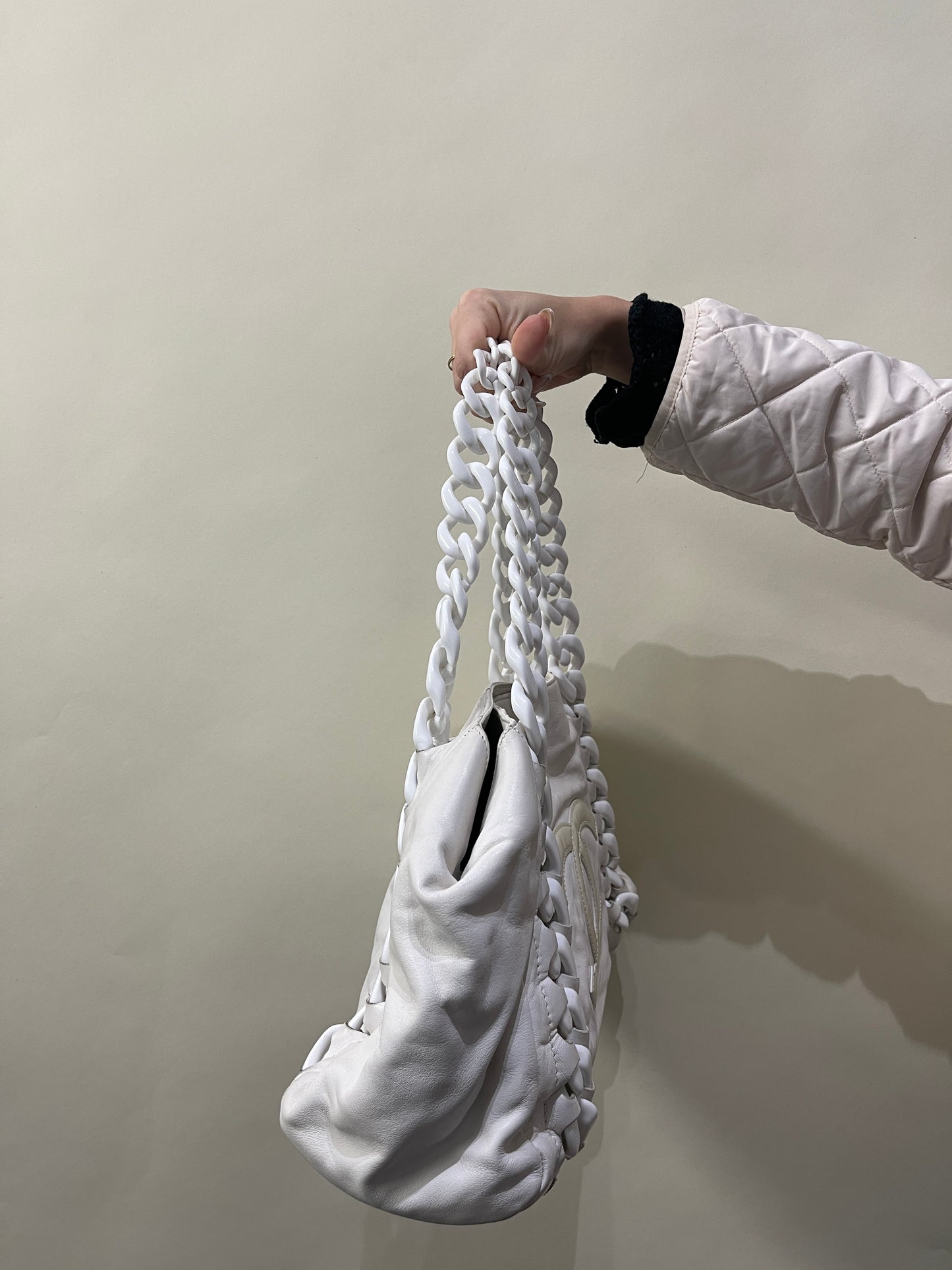 Chanel White Leather Rhodoid Modern Chain Tote