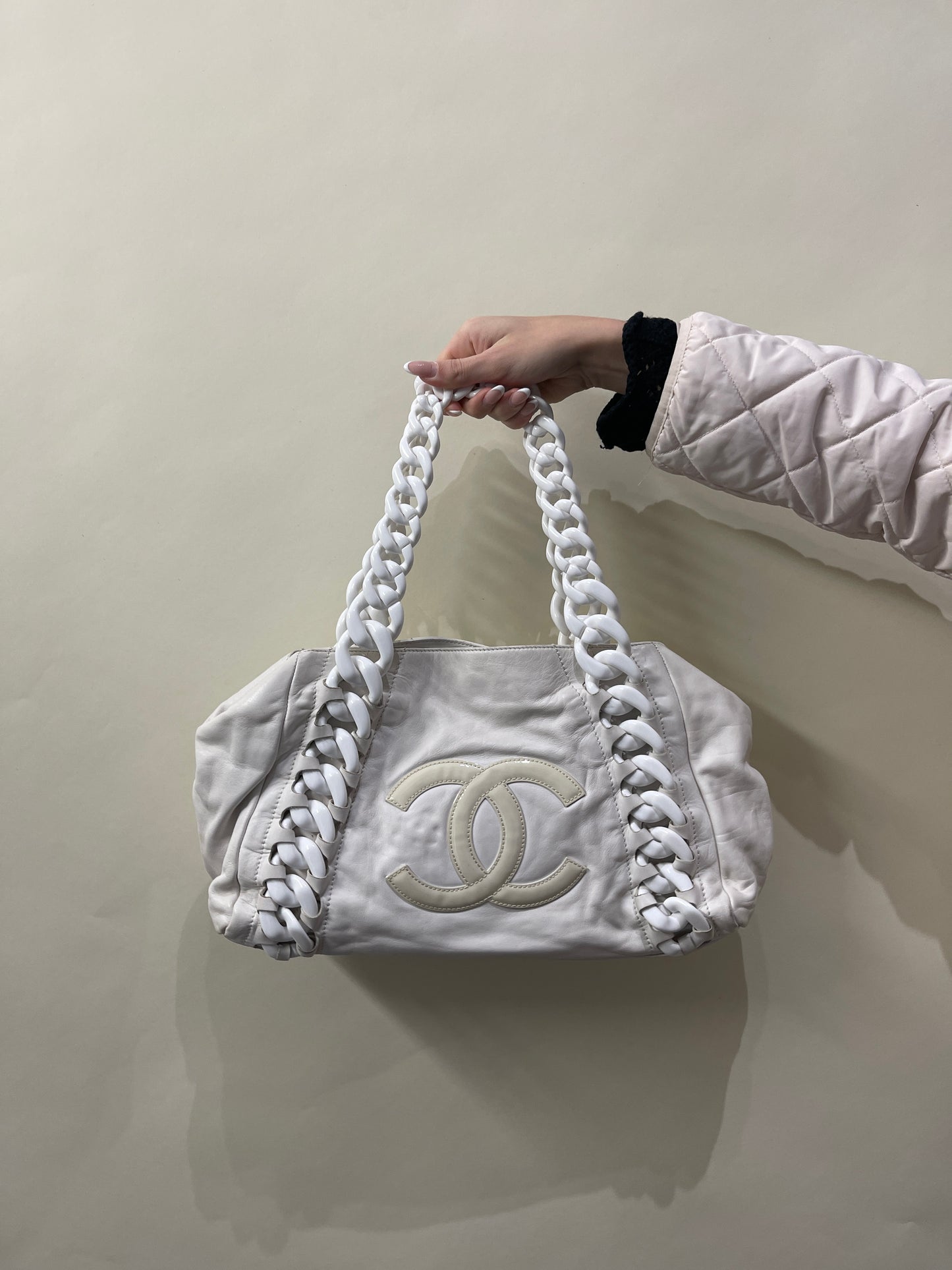 Chanel White Leather Rhodoid Modern Chain Tote
