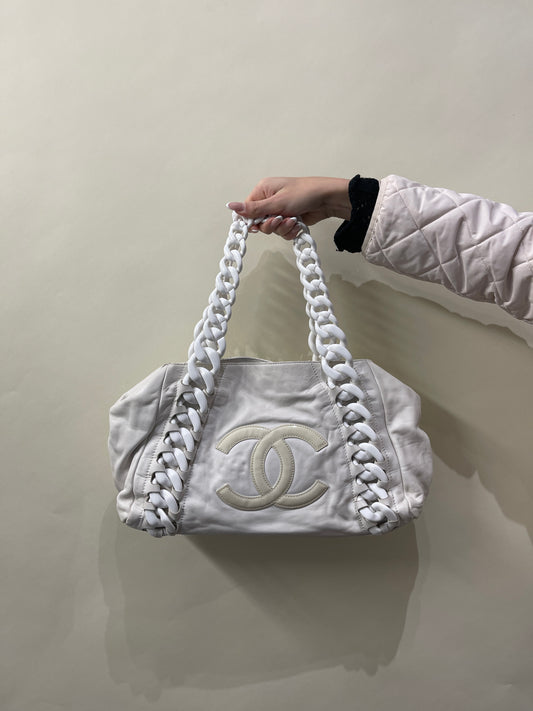 Chanel White Leather Rhodoid Modern Chain Tote