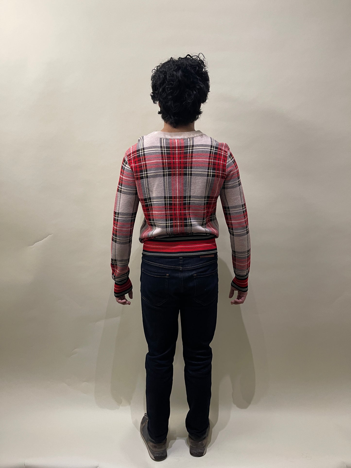Dries Van Noten Red & Beige Plaid Wool Blend Crewneck Sweater Small - S