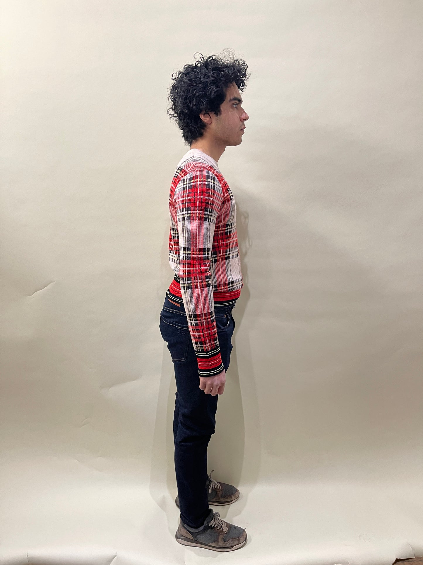 Dries Van Noten Red & Beige Plaid Wool Blend Crewneck Sweater Small - S