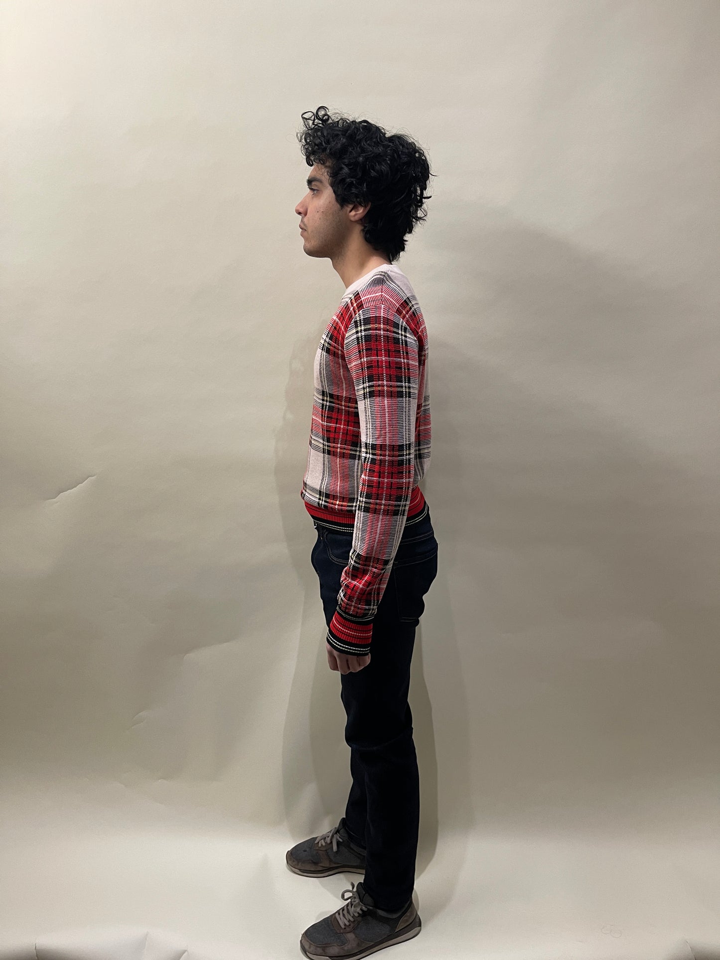 Dries Van Noten Red & Beige Plaid Wool Blend Crewneck Sweater Small - S