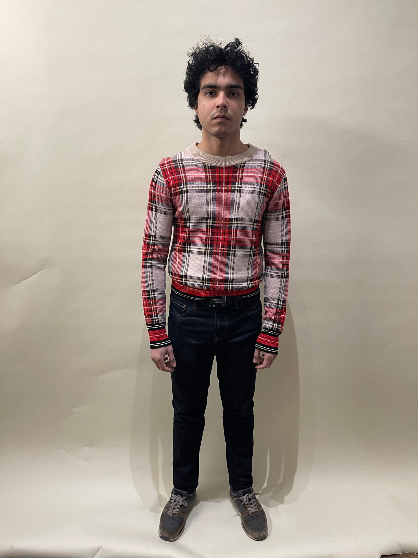 Dries Van Noten Red & Beige Plaid Wool Blend Crewneck Sweater Small - S