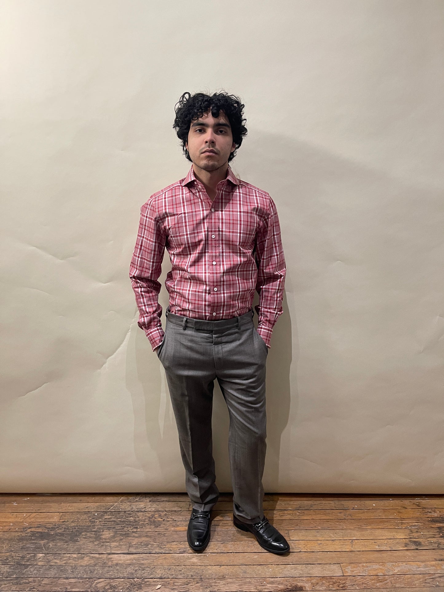 Tom Ford Red & White Plaid Heavy Cotton Dress Shirt 15.5