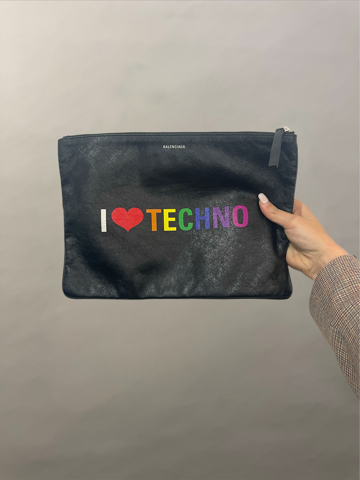 Balenciaga Black Leather & Rainbow 'I Love Techno' Clutch