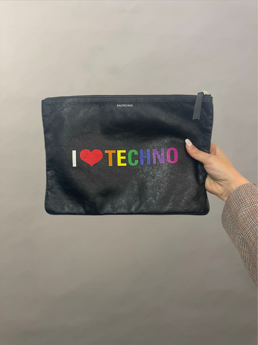 Balenciaga Black Leather & Rainbow 'I Love Techno' Clutch