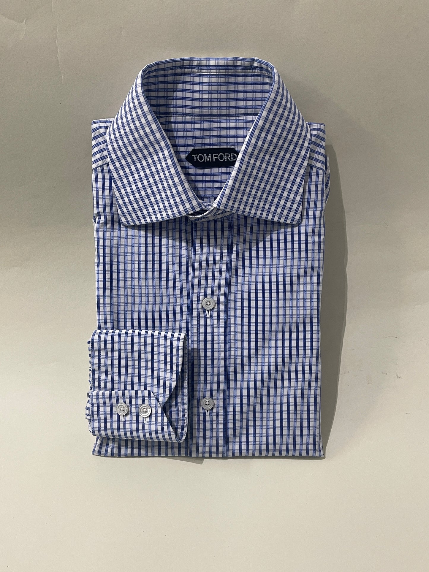 Tom Ford Blue & White Grid Check Cotton Dress Shirt 15.5