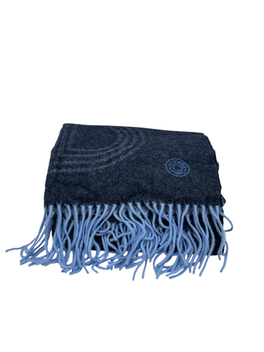 Hermes Dark & Light Blue Cashmere Circuit 24 Faubourg Muffler Scarf - Genuine Design 1
