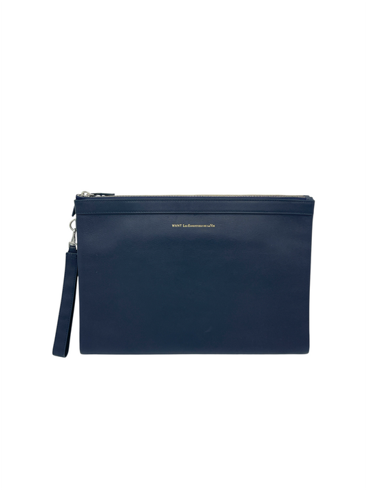 Want Les Essentiels Navy Blue Leather Foldable Large Clutch