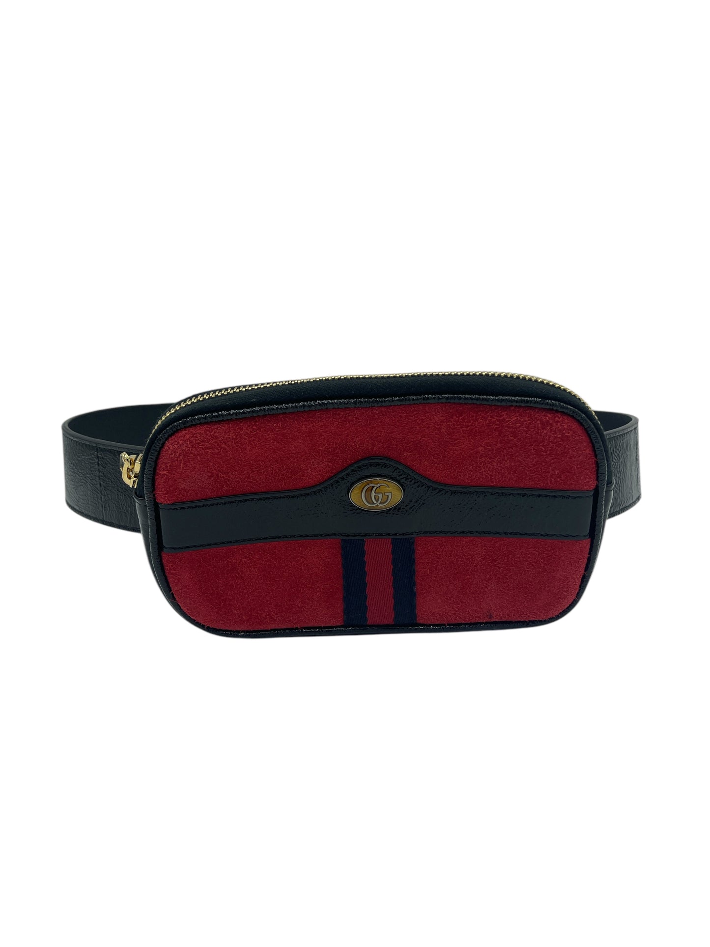 Gucci Black & Red Grained Patent Leather & Suede Belt Bag 32