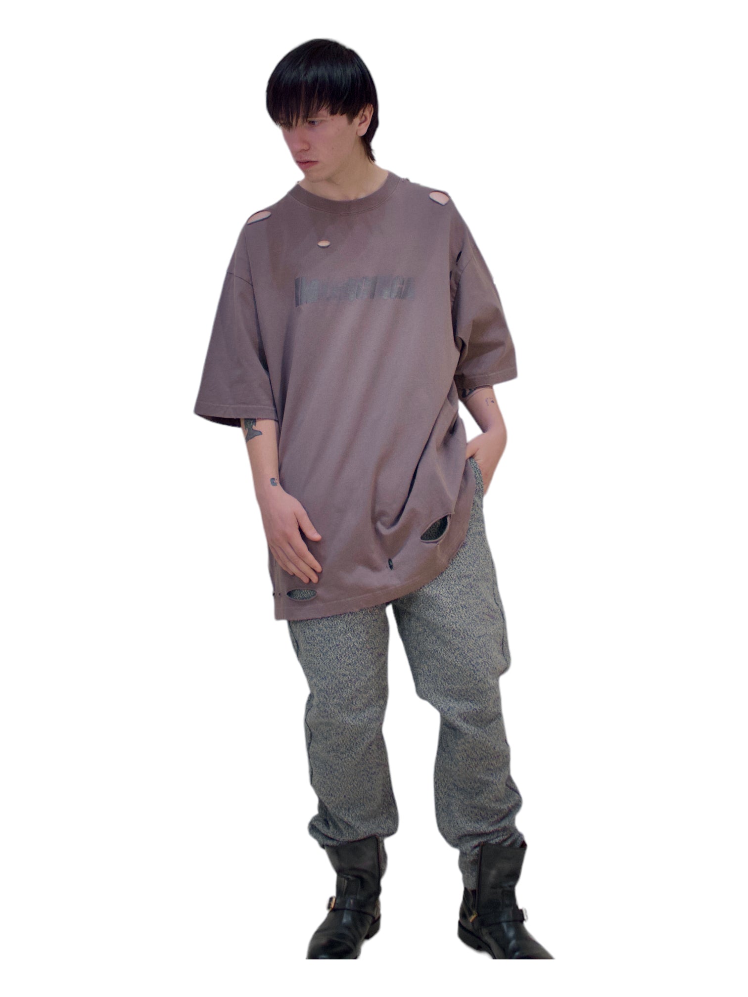 Balenciaga Light Brown Oversized Ripped Cotton Jersey T Shirt