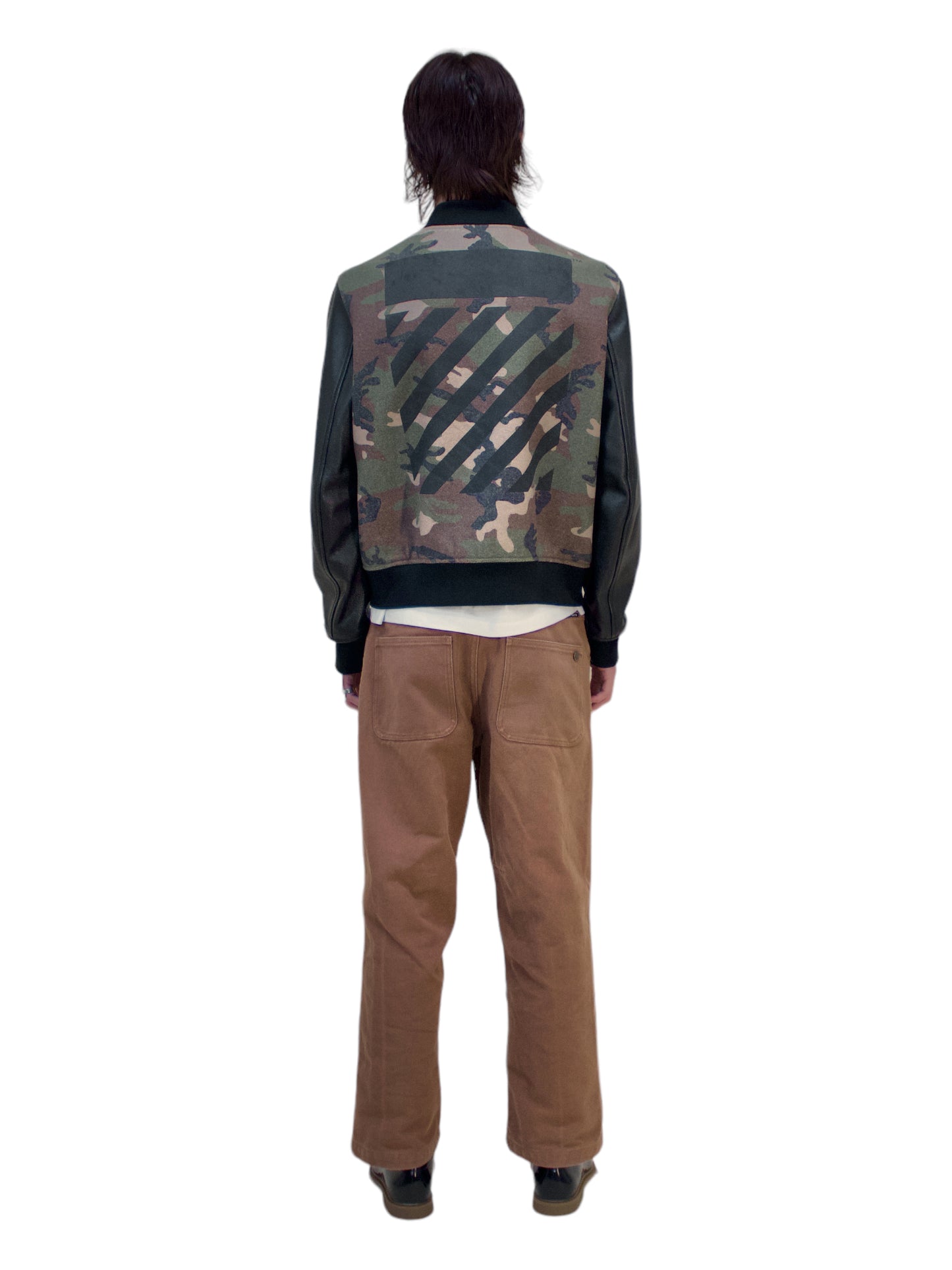 Off-White Green Camo & Black Leather Varsity Jacket - Genuine Design Luxury Consignment for Men. New & Pre-Owned Clothing, Shoes, & Accessories. Calgary, Canada