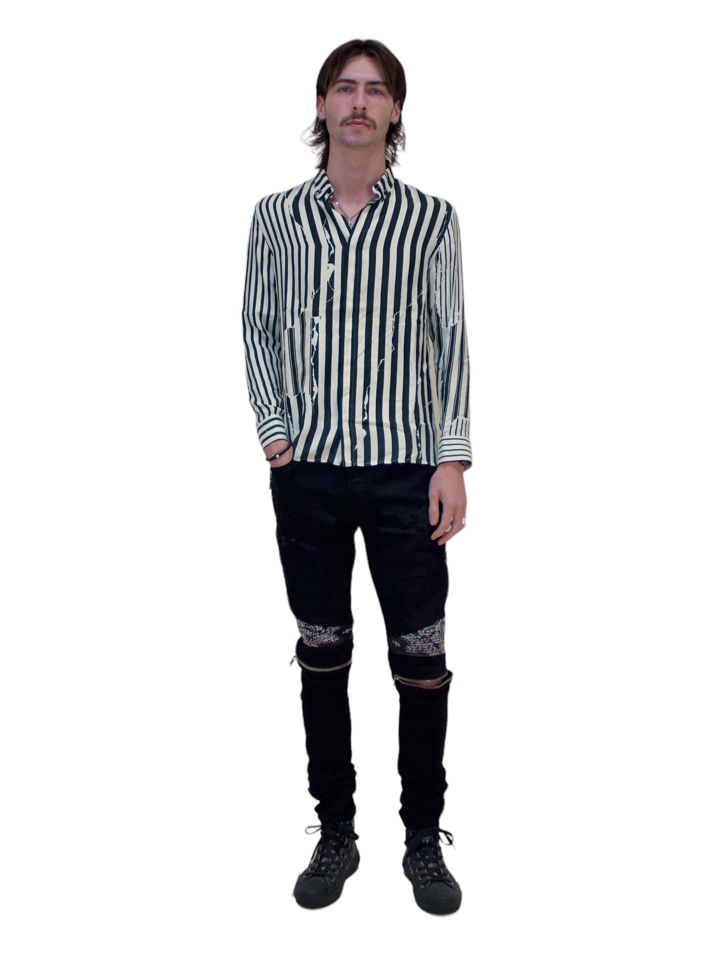 Haider Ackermann Black and White Stripped Silk Button Up Shirt - Genuine Design Luxury Consignment. New & Pre-Owned Clothing, Shoes, & Accessories. Calgary, Canada