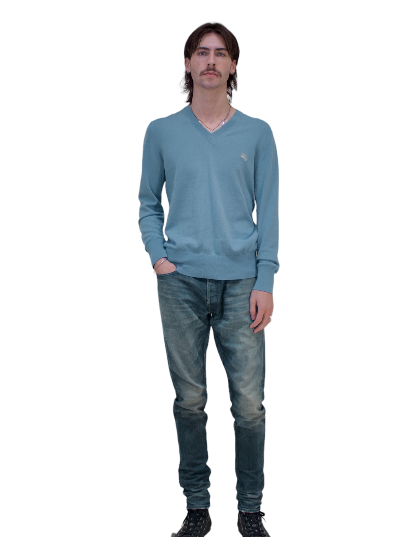 Burberry Light Blue Long Sleeve V-Neck Sweater - Genuine Design Luxury Consignment for Men. New & Pre-Owned Clothing, Shoes, & Accessories. Calgary, Canada
