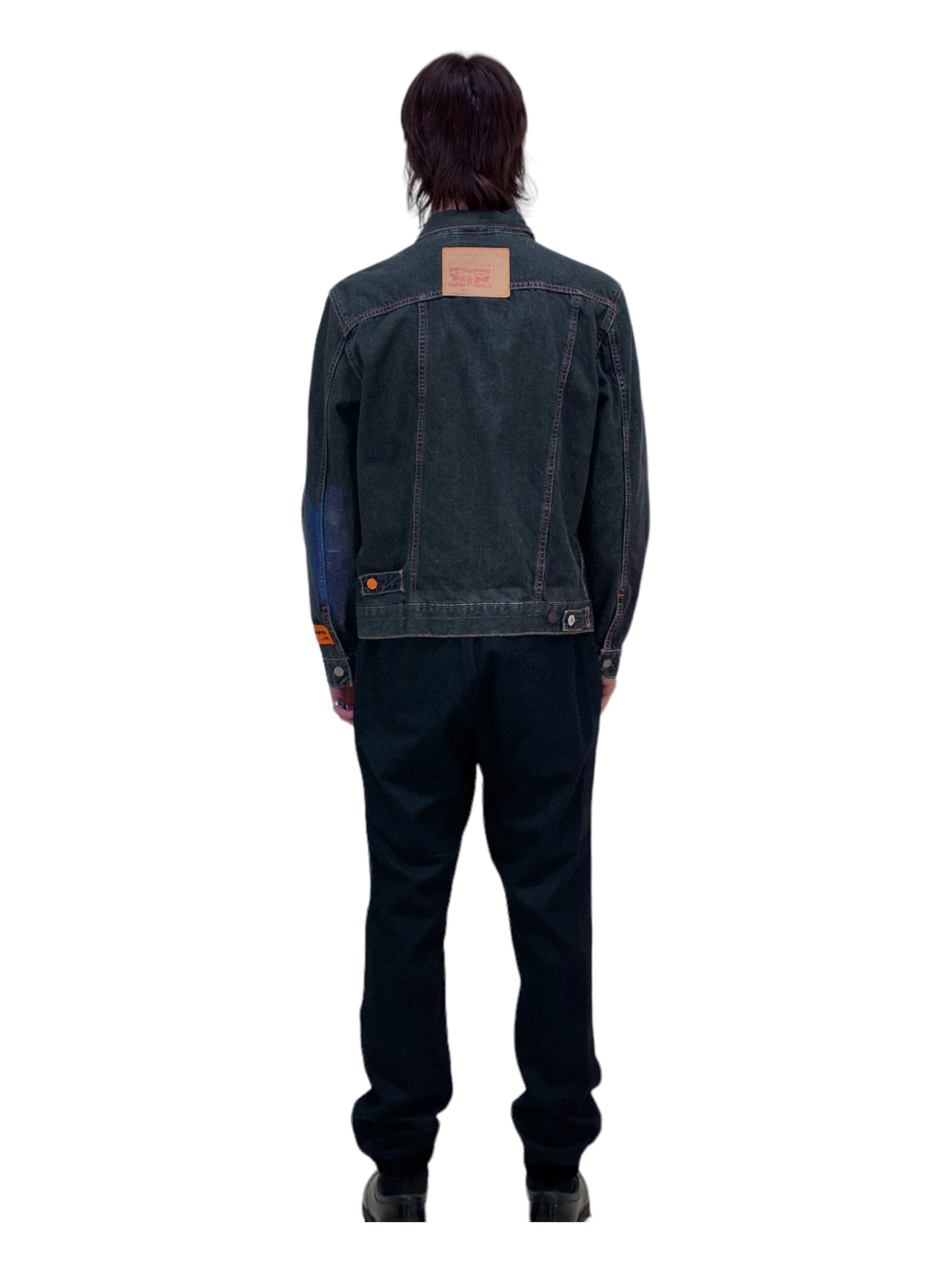 Heron Preston X Levi's Washed Black Denim Trucker Jean Jacket - Genuine Design Luxury Consignment. New & Pre-Owned Clothing, Shoes, & Accessories. Calgary, Canada
