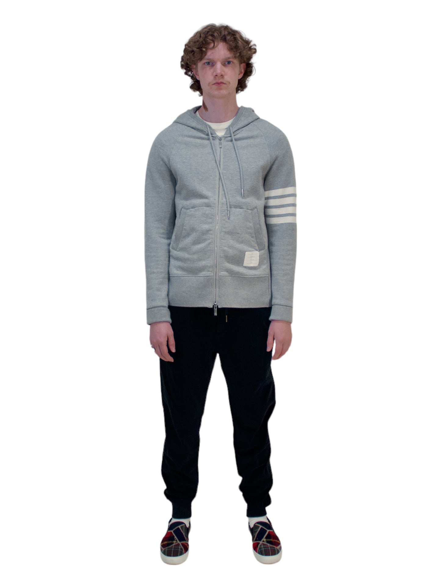 Thom Browne Grey 4-Bar Zip-Up Hoodie - Genuine Design Luxury Consignment for Men. New & Pre-Owned Clothing, Shoes, & Accessories. Calgary, Canada