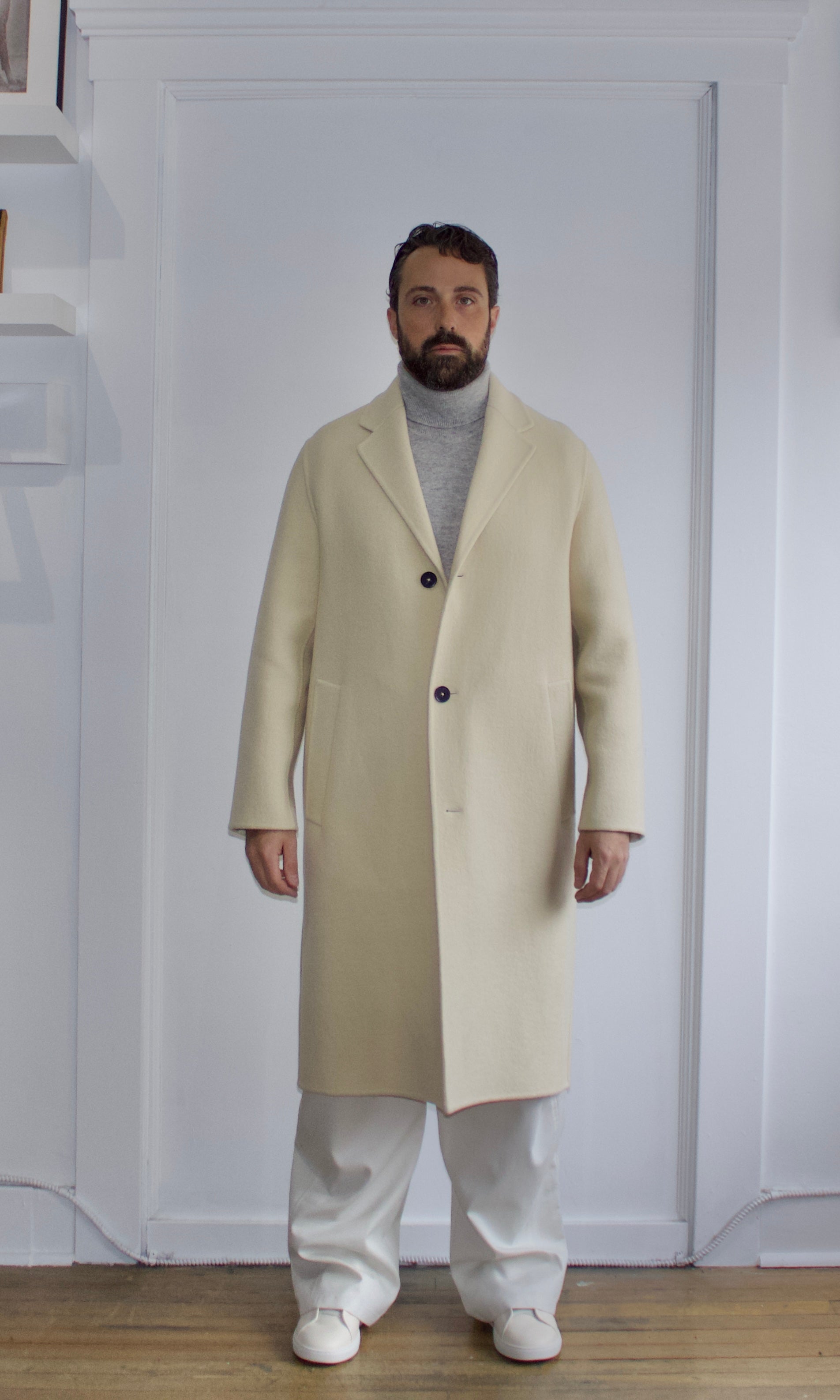 Jil Sander Off White Felted Wool Trench Coat 44R - Genuine Design Luxury Consignment. New & Pre-Owned Clothing, Shoes, & Accessories. Calgary, Canada