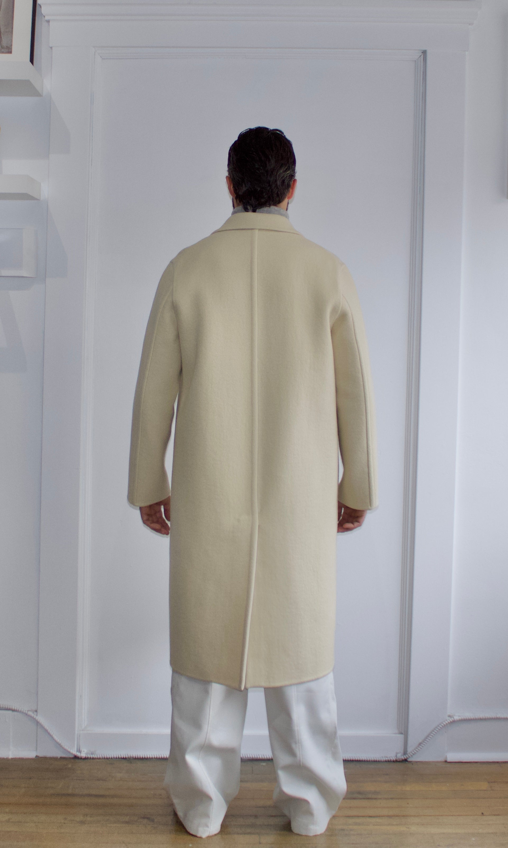 Jil Sander Off White Felted Wool Trench Coat 44R - Genuine Design Luxury Consignment. New & Pre-Owned Clothing, Shoes, & Accessories. Calgary, Canada