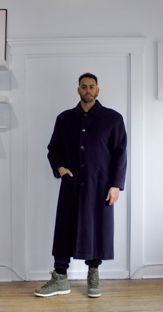 ByBlos Navy Blue Fleece-Like Wool Blend Trench Coat - Genuine Design Luxury Consignment. New & Pre-Owned Clothing, Shoes, & Accessories. Calgary, Canada