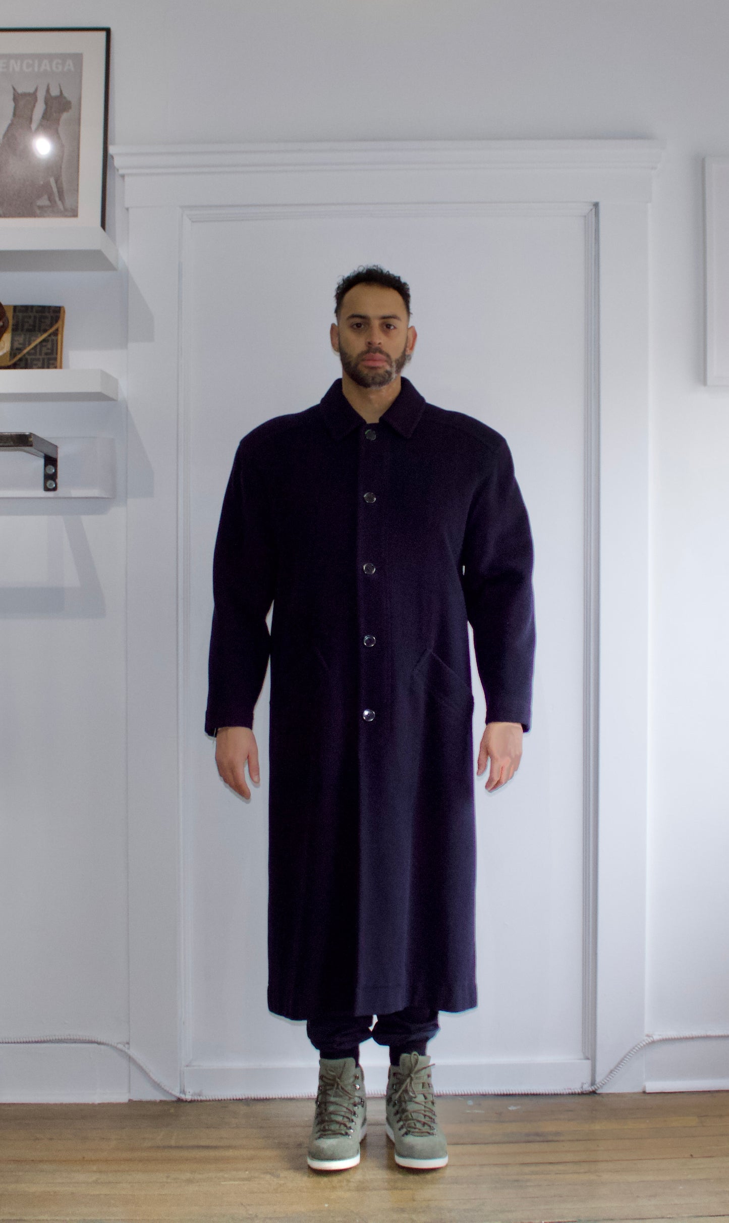ByBlos Navy Blue Fleece-Like Wool Blend Trench Coat - Genuine Design Luxury Consignment. New & Pre-Owned Clothing, Shoes, & Accessories. Calgary, Canada