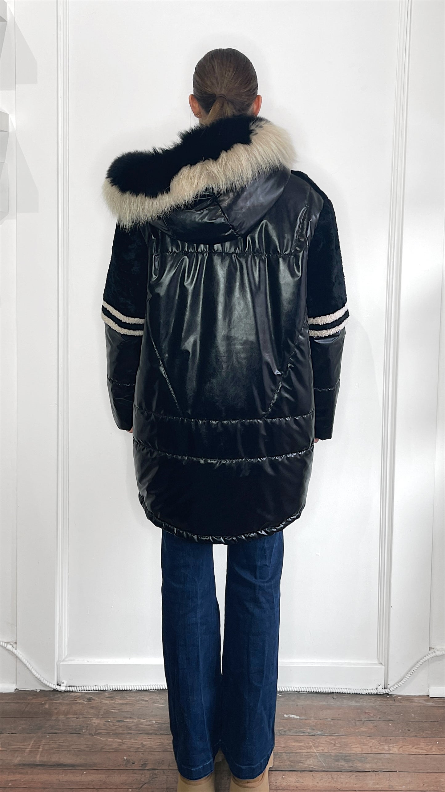 Mitchie's Black Shearling & Fox Fur Puffer Jacket Medium