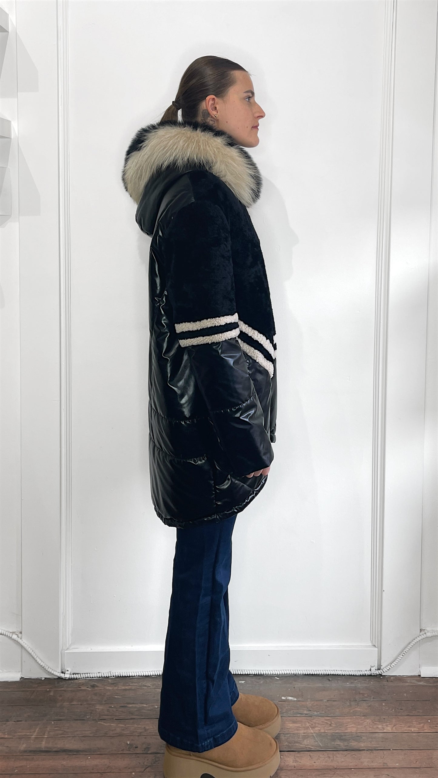 Mitchie's Black Shearling & Fox Fur Puffer Jacket Medium