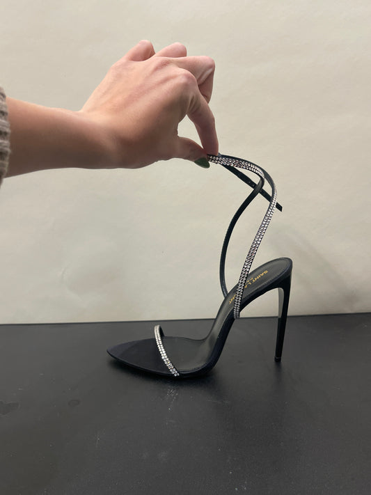 Saint Laurent Black Satin Ava 105mm Rhinestone Heeled Sandals 7 M / 8.5 W