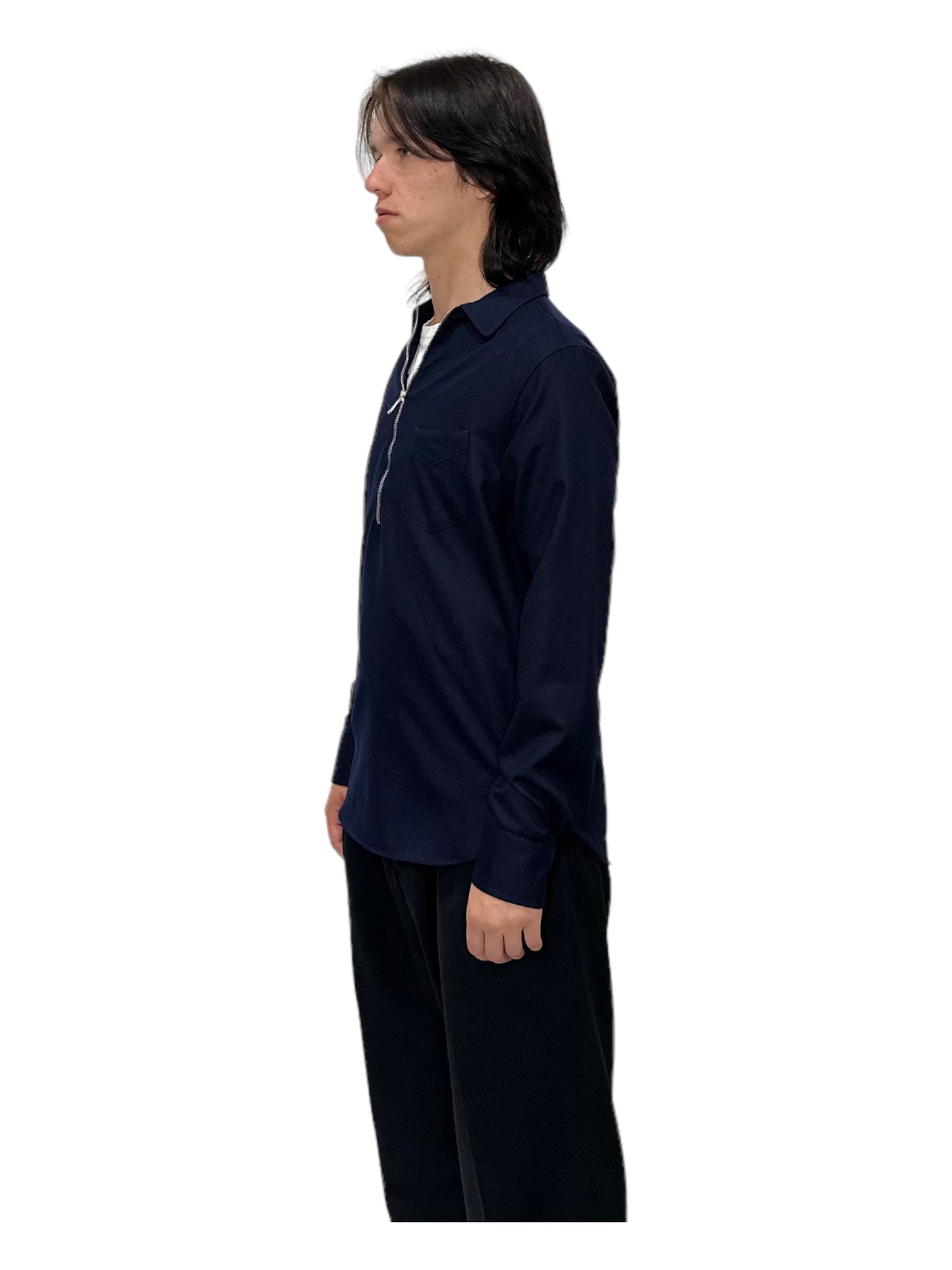 Officine Générale Navy Blue 1/2 Zip Long Sleeve Shirt - Genuine Design Luxury Consignment for Men. New & Pre-Owned Clothing, Shoes, & Accessories. Calgary, Canada
