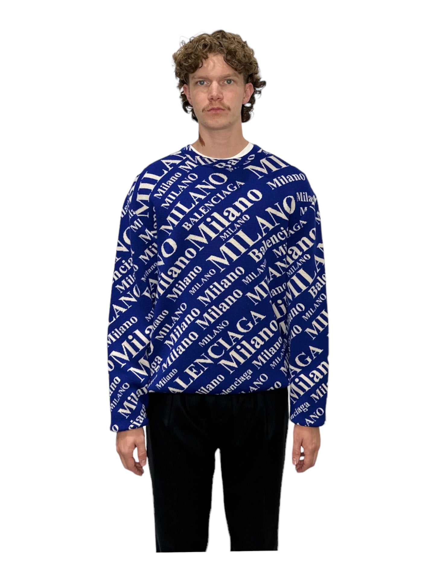 Balenciaga Blue Oversized Jacquard-Knit Virgin Wool-Blend Sweater - Genuine Design Luxury Consignment for Men. New & Pre-Owned Clothing, Shoes, & Accessories. Calgary, Canada