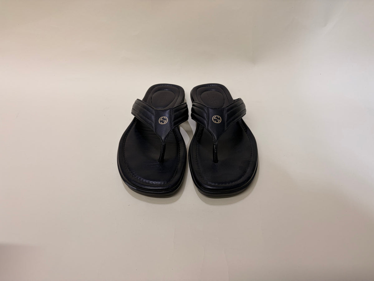 Gucci Black Leather Interlocking G Logo Flip Flops 9.5 M / 11 W