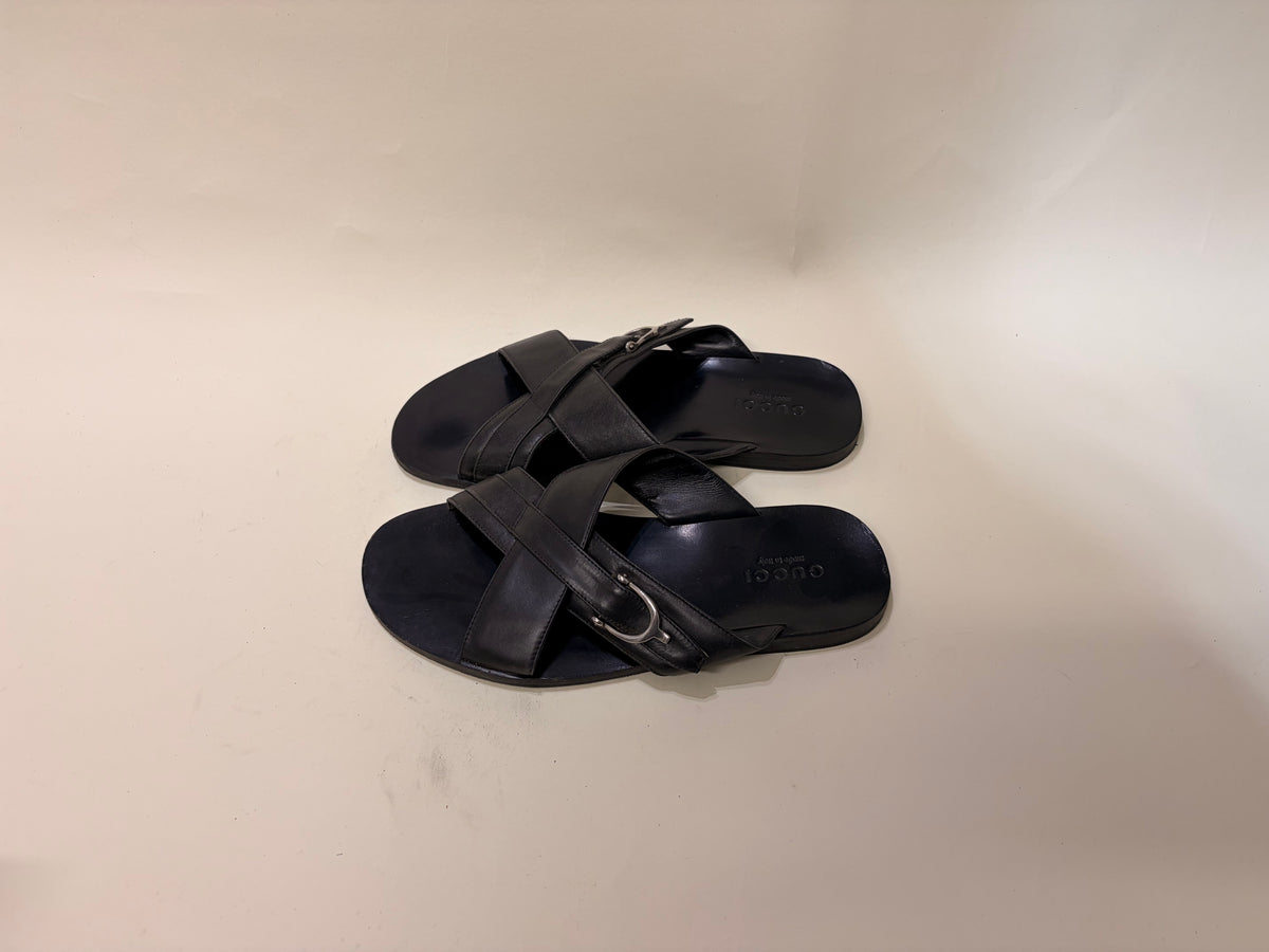 Gucci Black Leather Horsebit Motif Sandals 8 M / 9.5 W