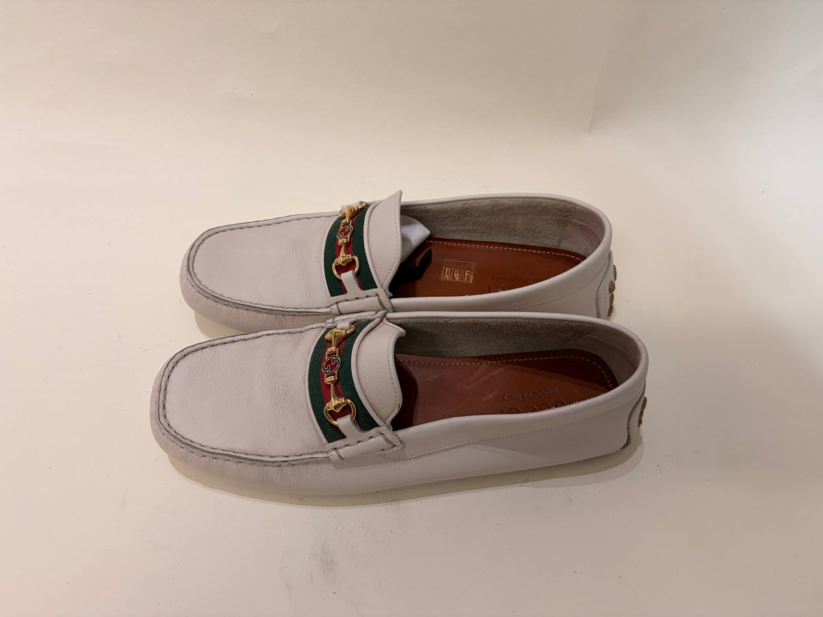 Gucci Off White Leather Horsebit Driving Loafers 10 M / 11.5 W