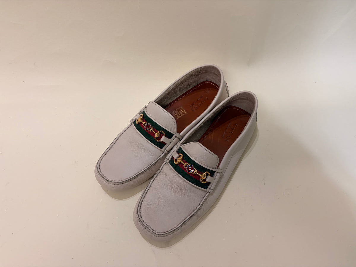 Gucci Off White Leather Horsebit Driving Loafers 10 M / 11.5 W