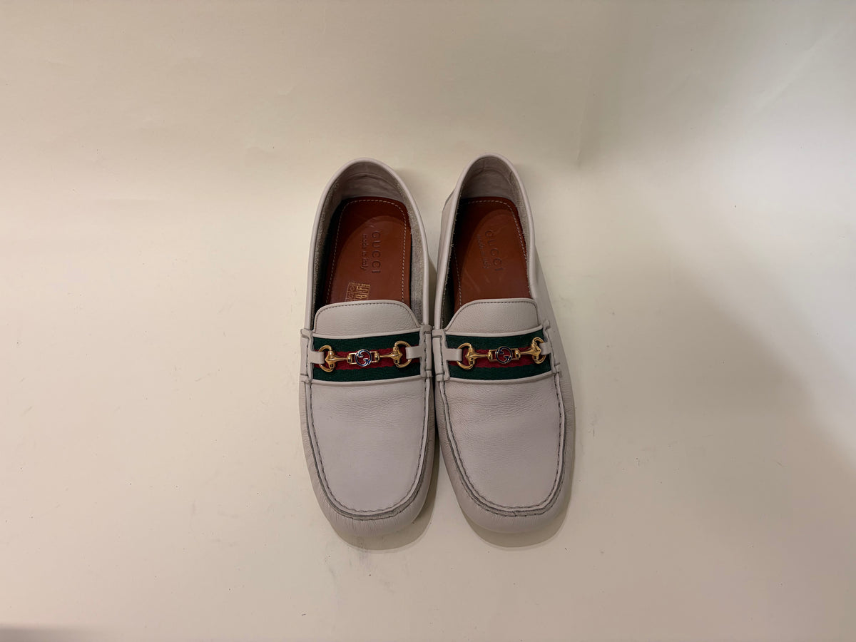 Gucci Off White Leather Horsebit Driving Loafers 10 M / 11.5 W