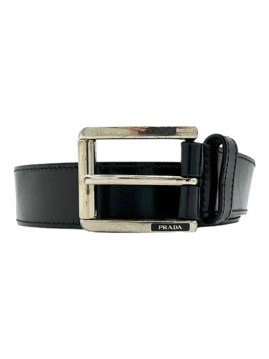 Prada Black Leather Minimal Square Buckle Belt 40 - Genuine Design Luxury Consignment for Men. New & Pre-Owned Clothing, Shoes, & Accessories. Calgary, Canada