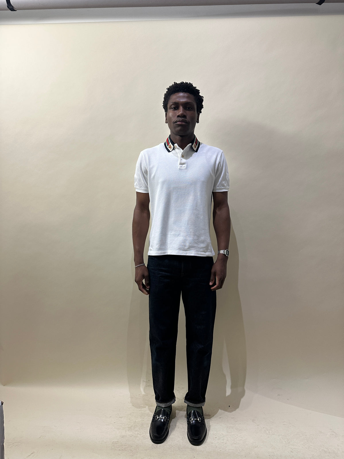 Gucci White Cotton Pique Web Collar SS Polo Shirt Large - L