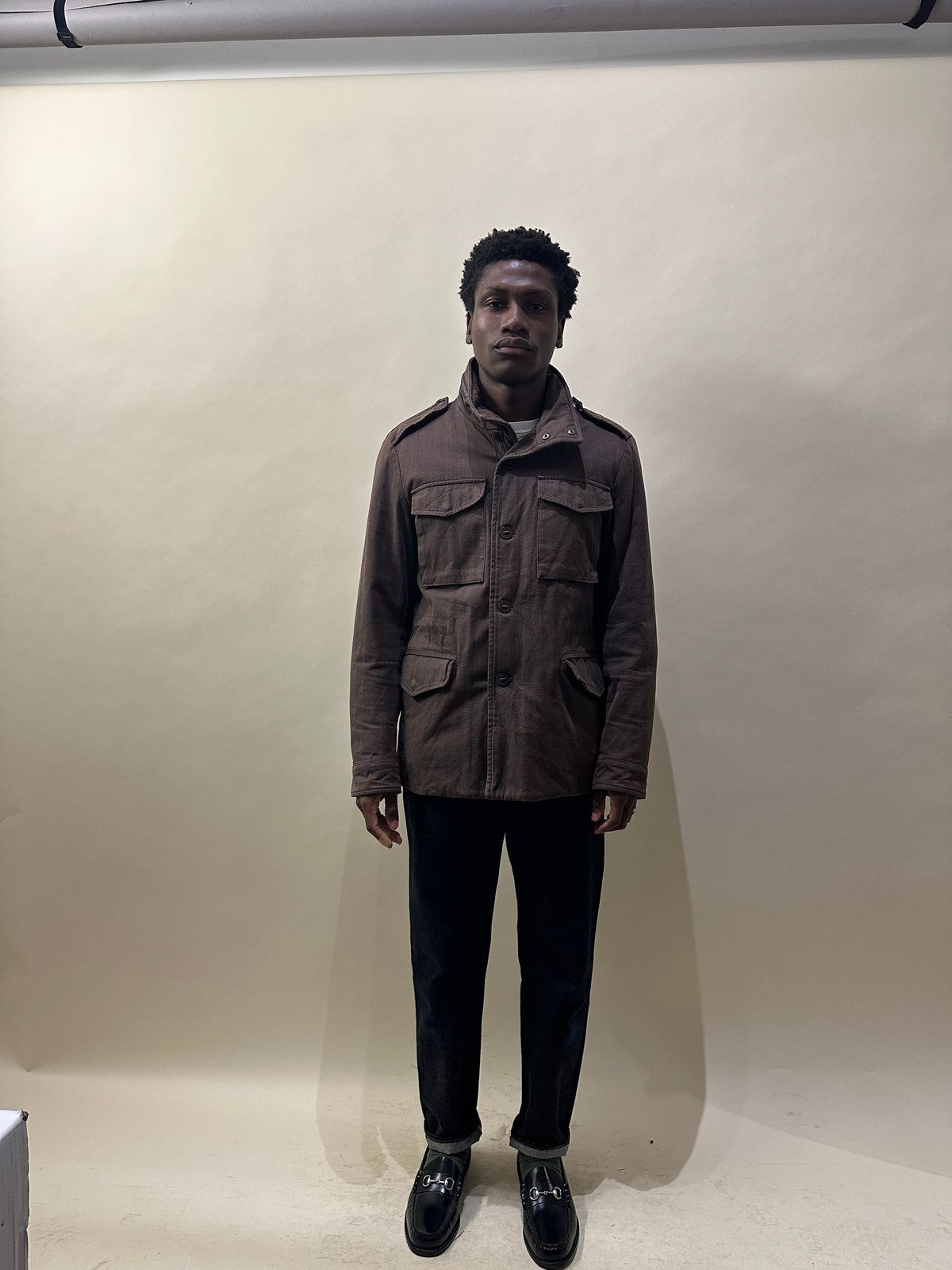 Moncler Brown Herringbone Cotton Wool Down Military Jacket Large - L