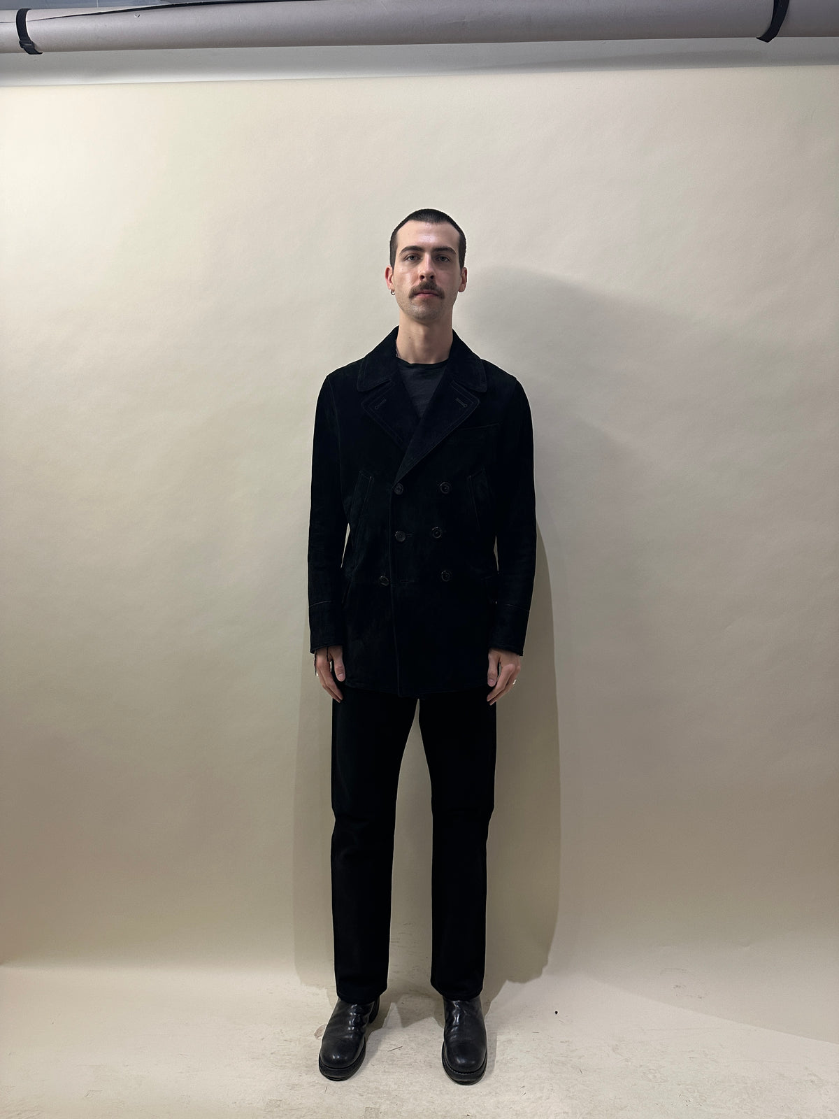 Tom Ford Black Calf Suede Double Breasted Peacoat 46